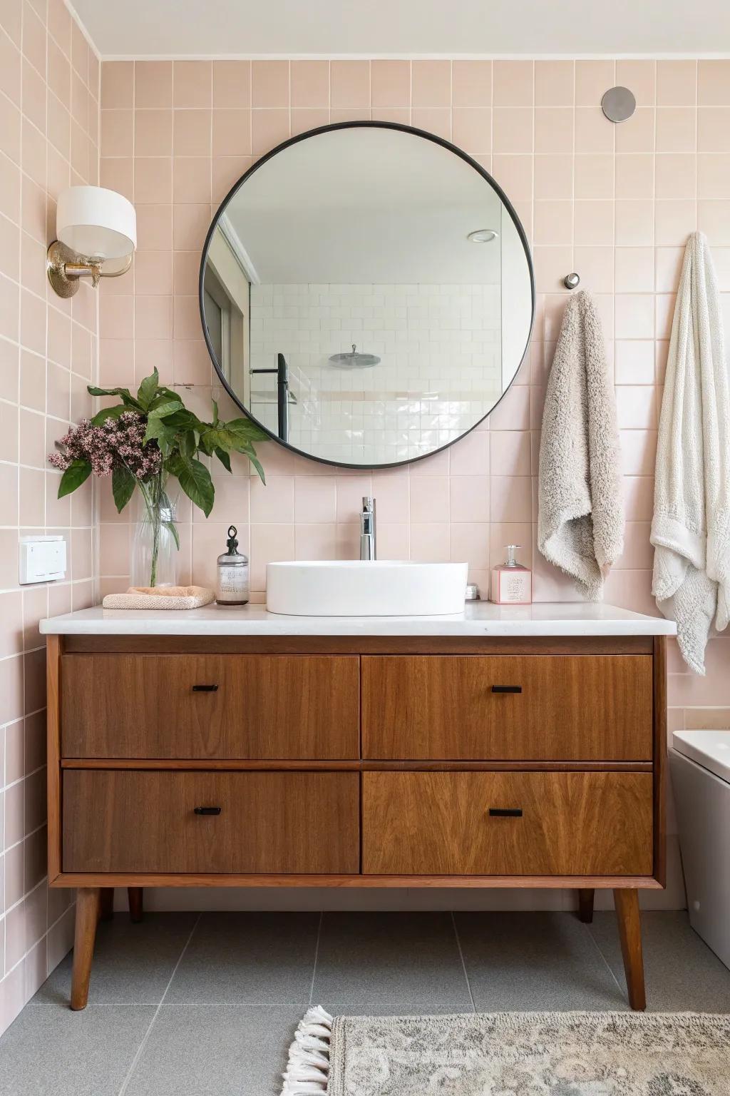 A wooden vanity sets the tone for a warm and inviting mid-century bathroom.