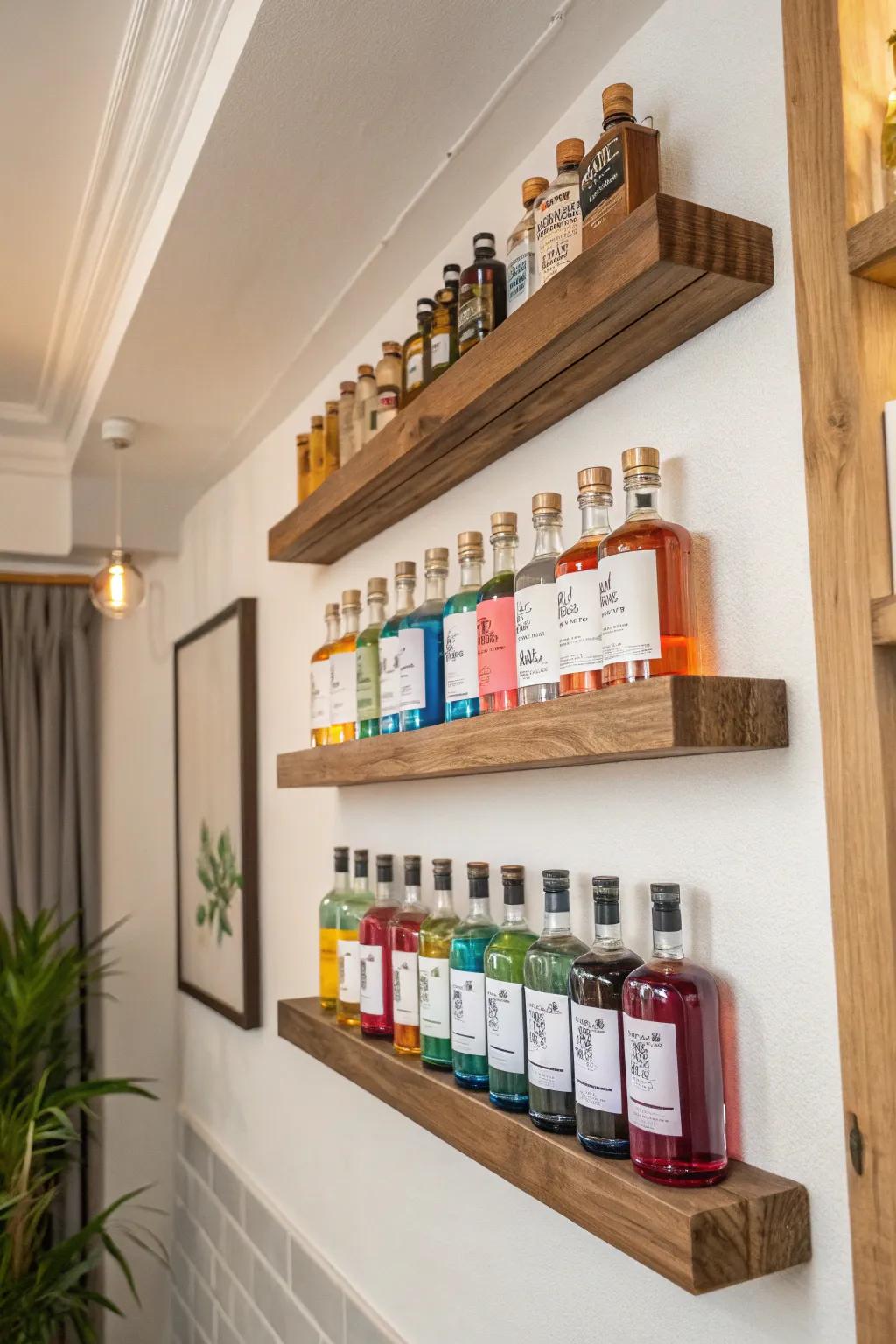 Elevated shelves elegantly presenting a collection of miniature liquor bottles.