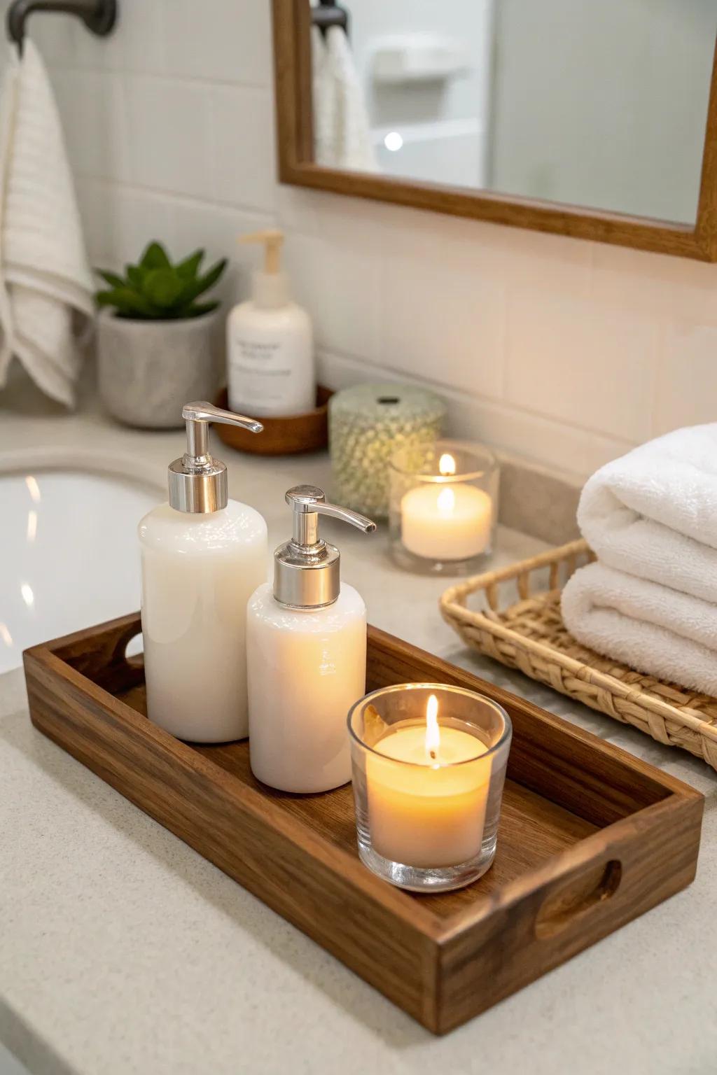 A bamboo serving dish enhances the tidiness and style of this minimalist bathroom counter.
