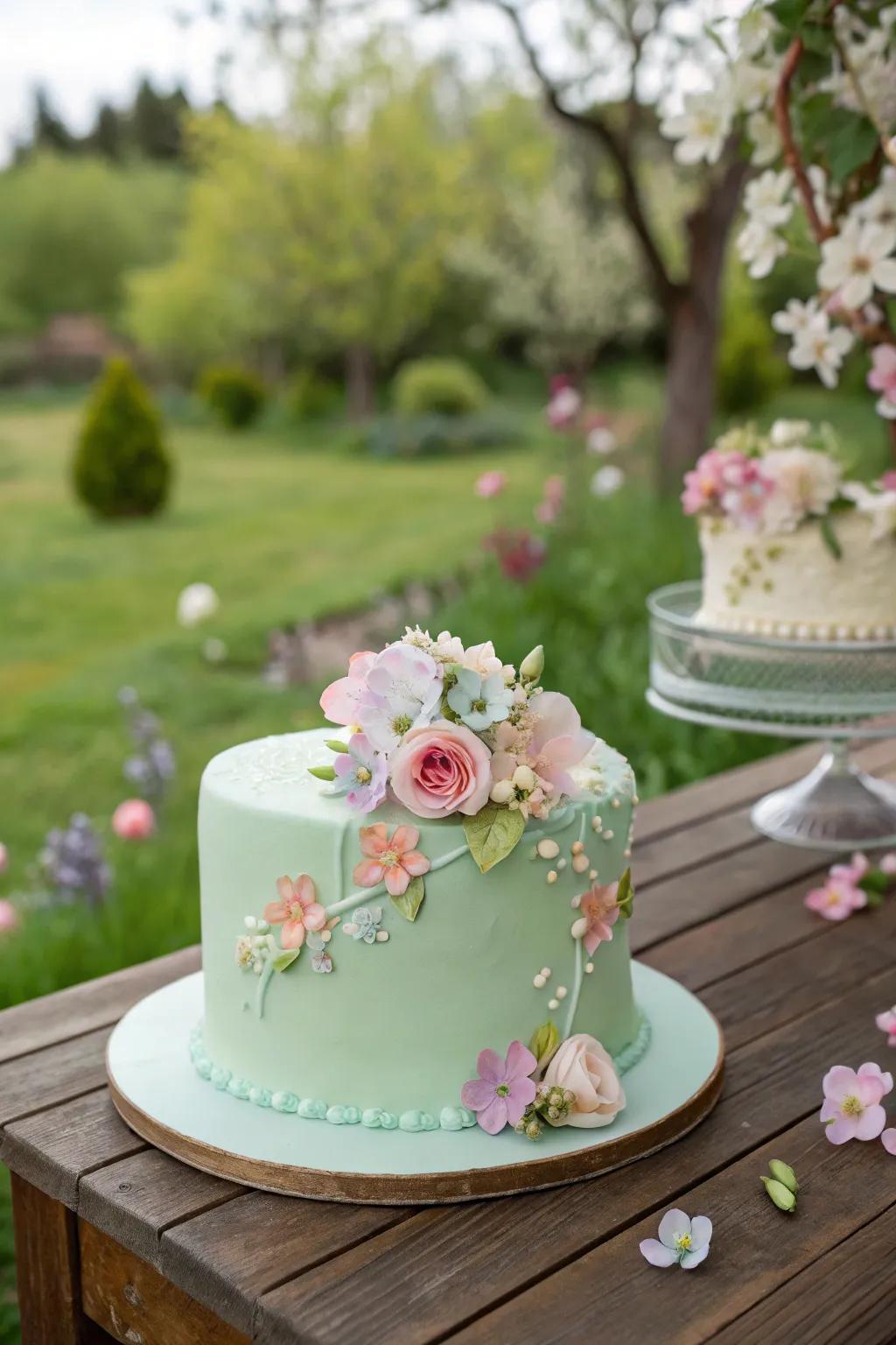 A mint green cake exquisitely adorned with edible floral highlights.