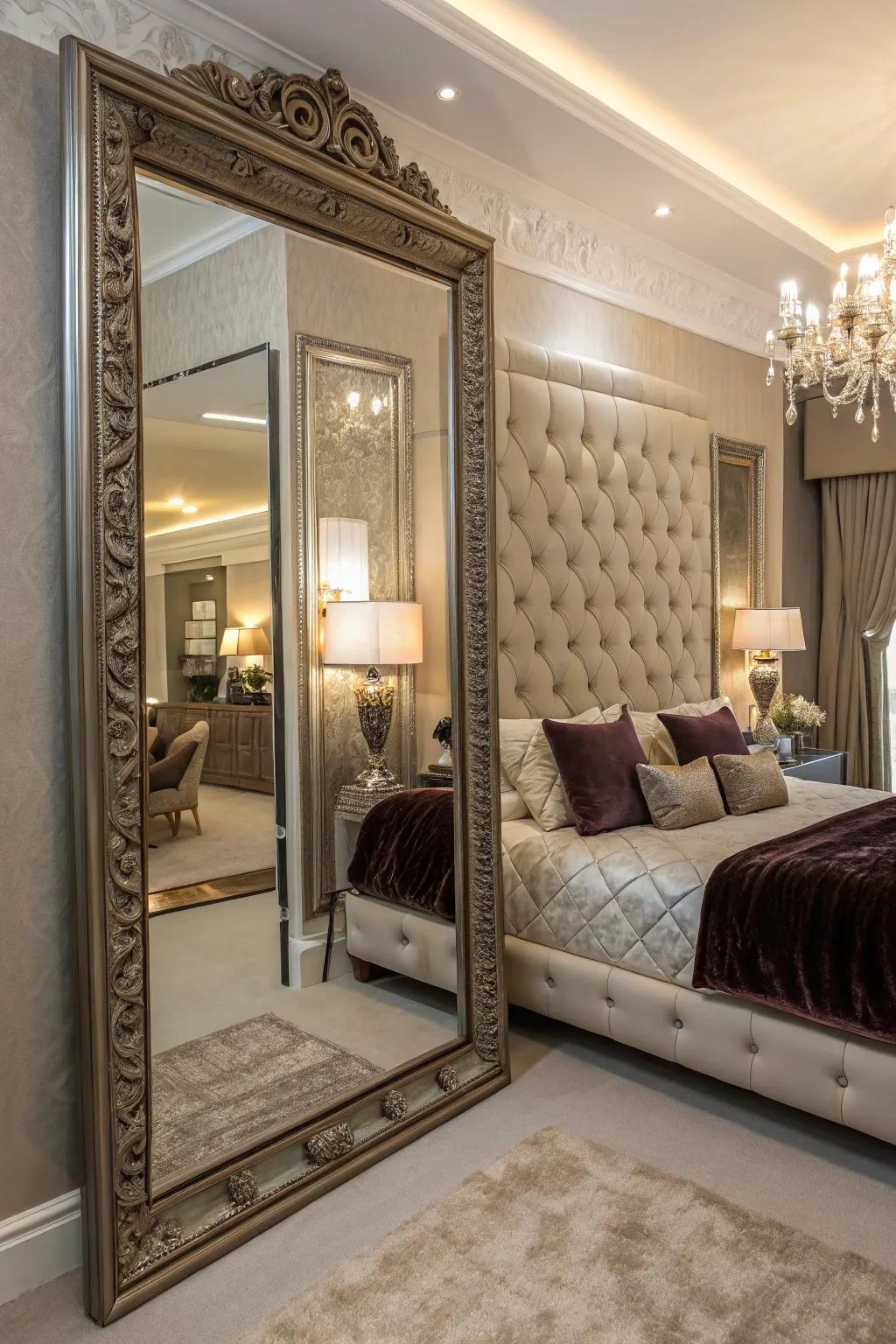 A striking statement mirror infuses drama and refinement into your bedroom.