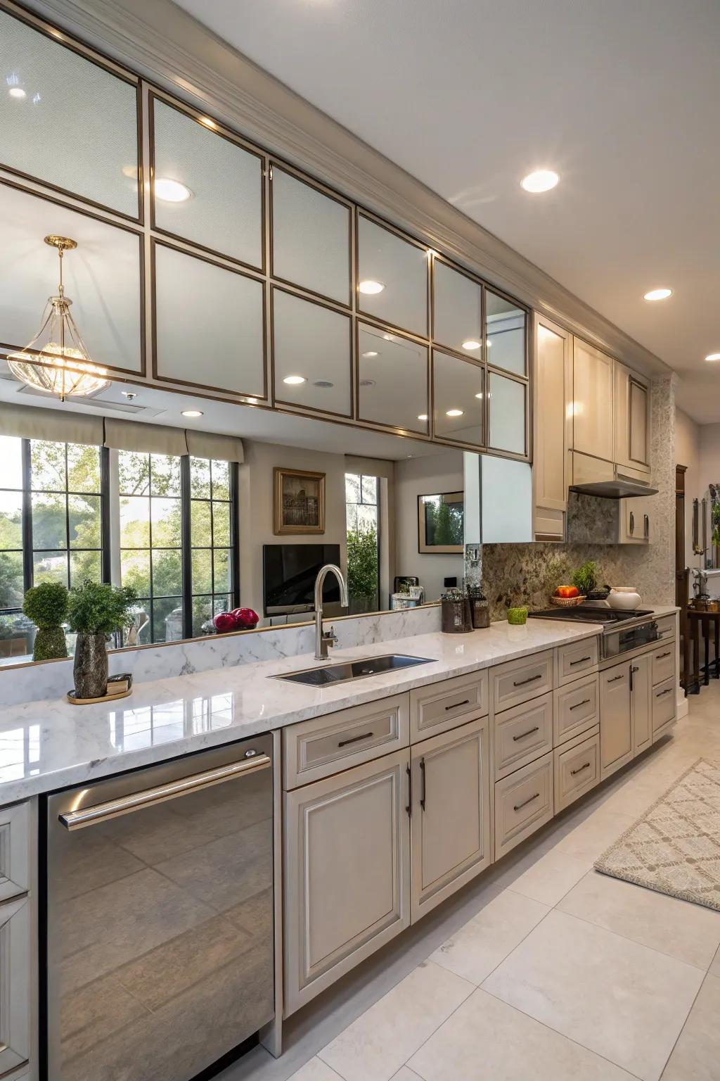 A kitchen where the reflective backsplash dramatically enhances both space and light.