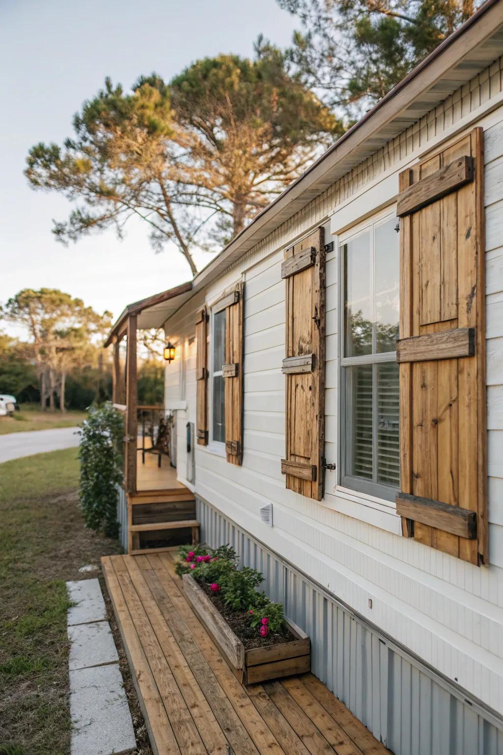 Recovered lumber window dressings enhancing countryside charm on a mobile home, creating a warm and inviting exterior.