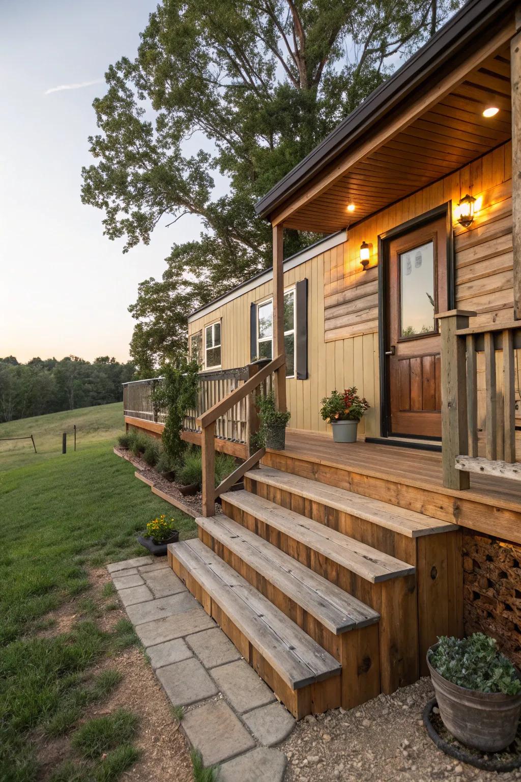 Rustic wooden skirting imparts a sense of coziness and allure to any mobile dwelling.