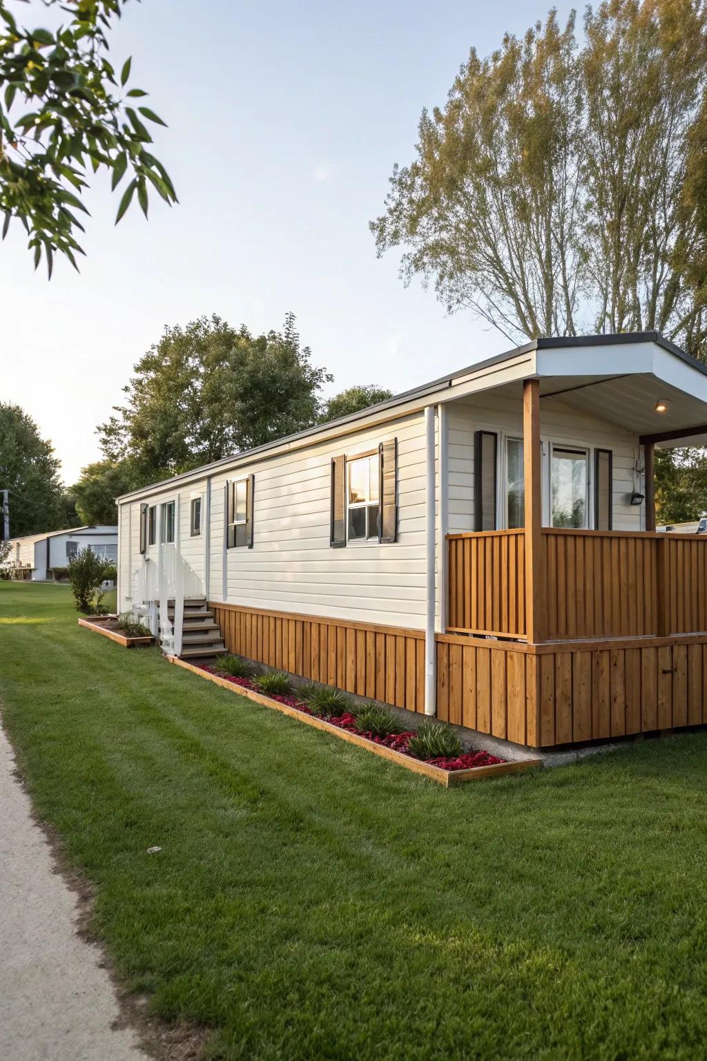 Horizontal wood siding presents a unified, ageless look for your mobile home.