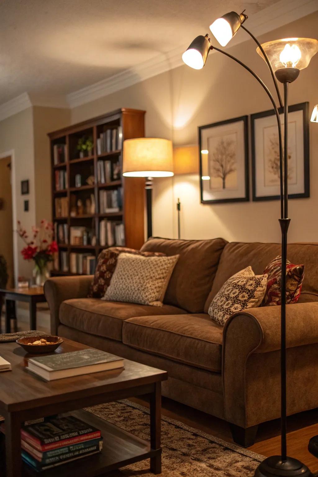 Gentle illumination enhances the comfortable atmosphere around the cacao sofa.