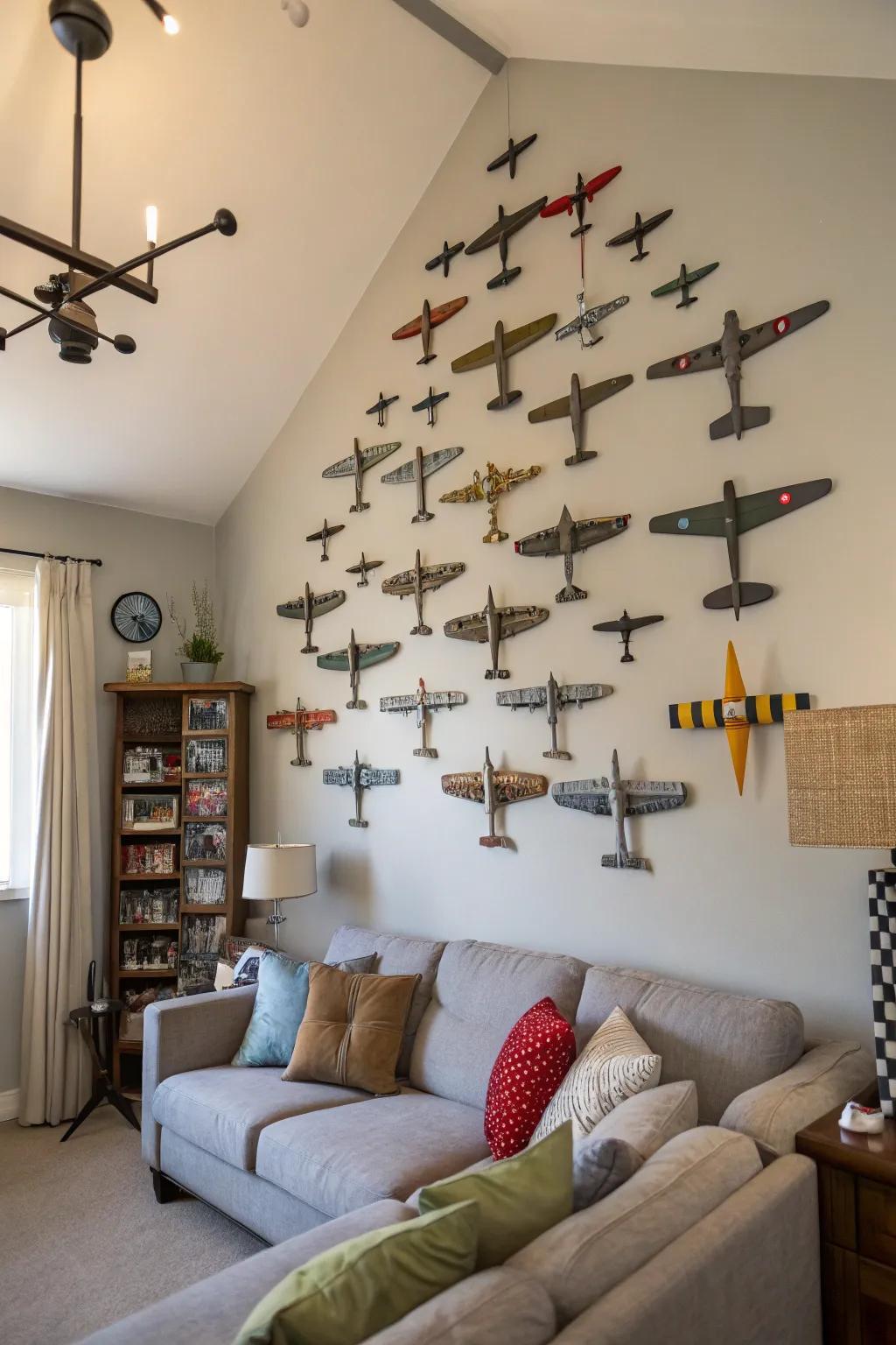 Miniature flyers arranged on the wall create an eye-catching piece of art.