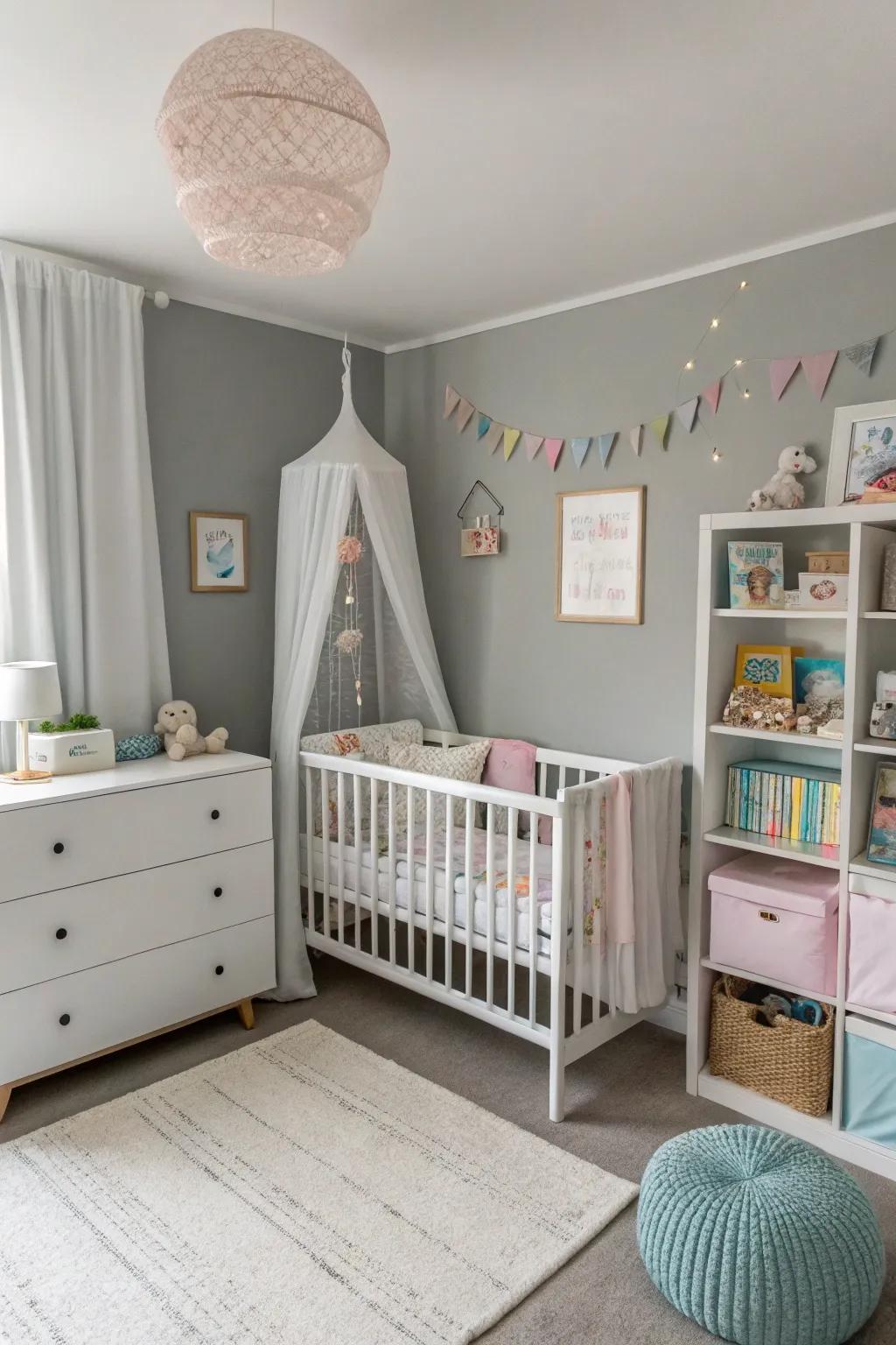 A peaceful baby boy's space showcases a gentle color scheme.