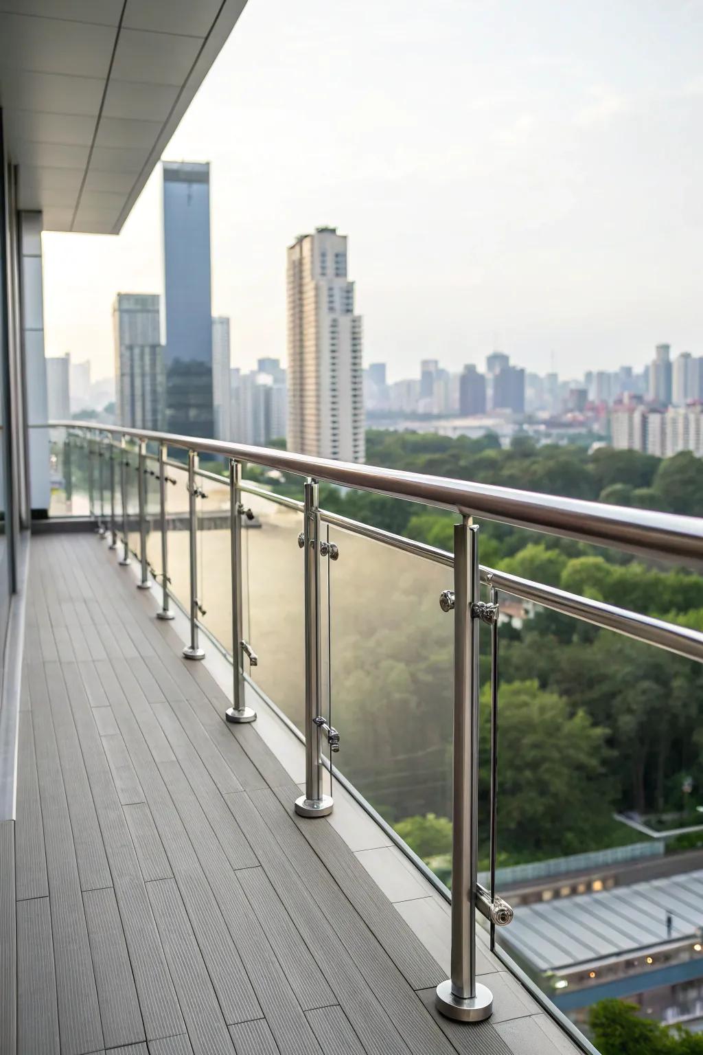 Elegant and minimalist metal balcony railing with city backdrop