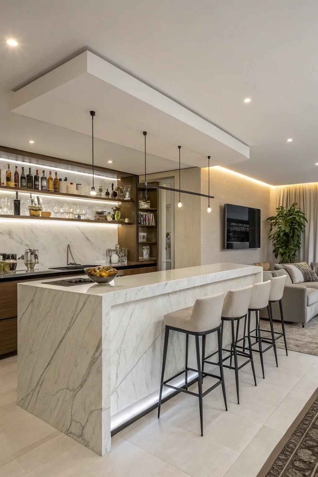 A pure home bar emphasizing neat lines and straightforwardness.