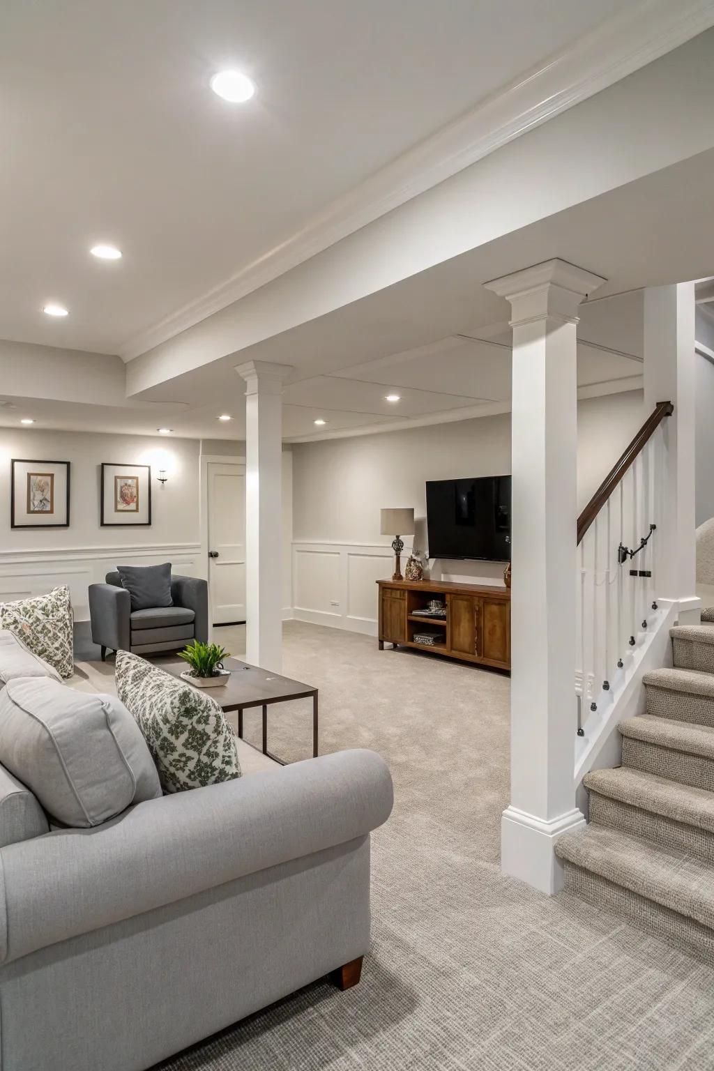 Subtle hues establish a versatile base in your modern basement.