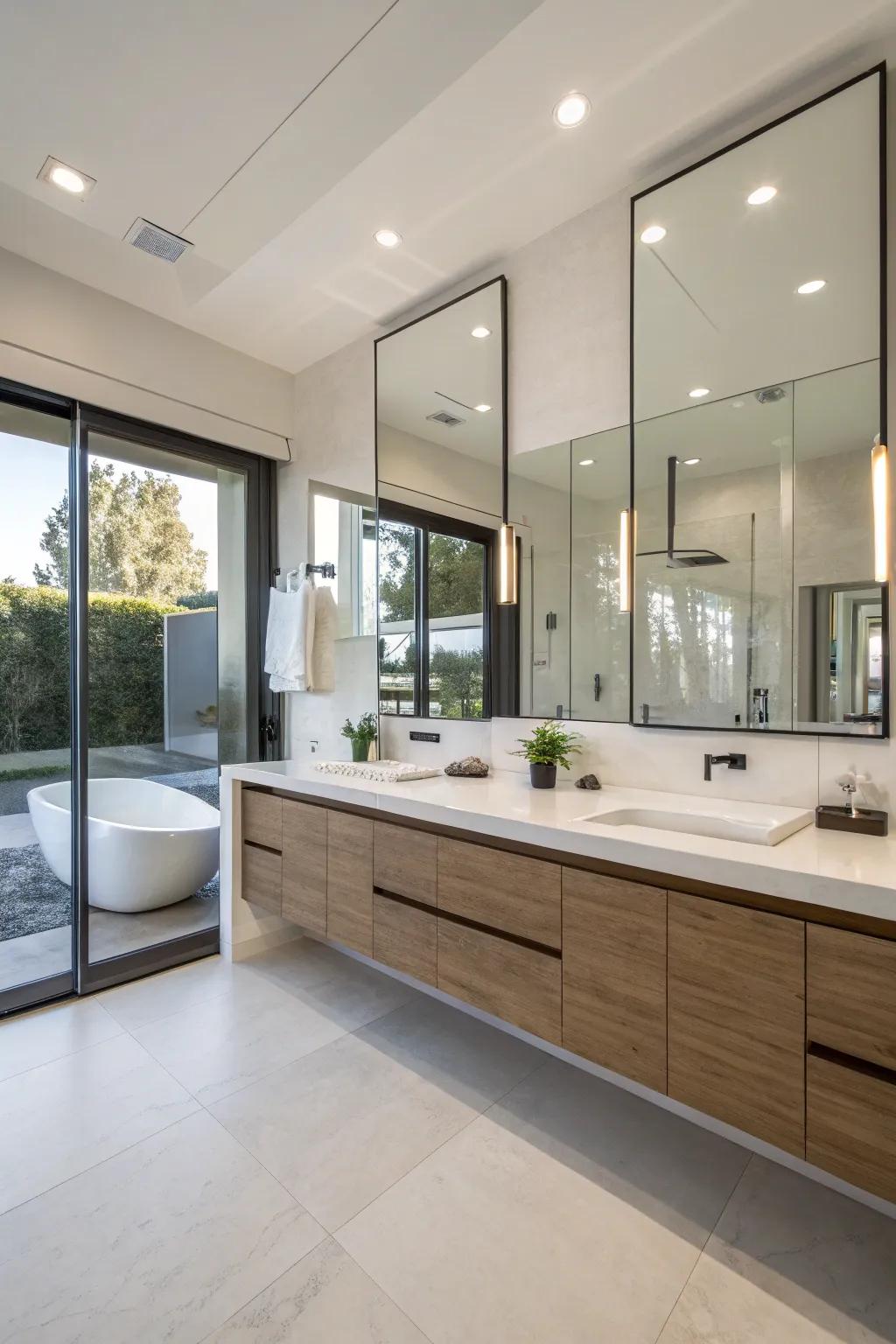 Elevated storage units craft an open, expansive atmosphere in a contemporary restroom.