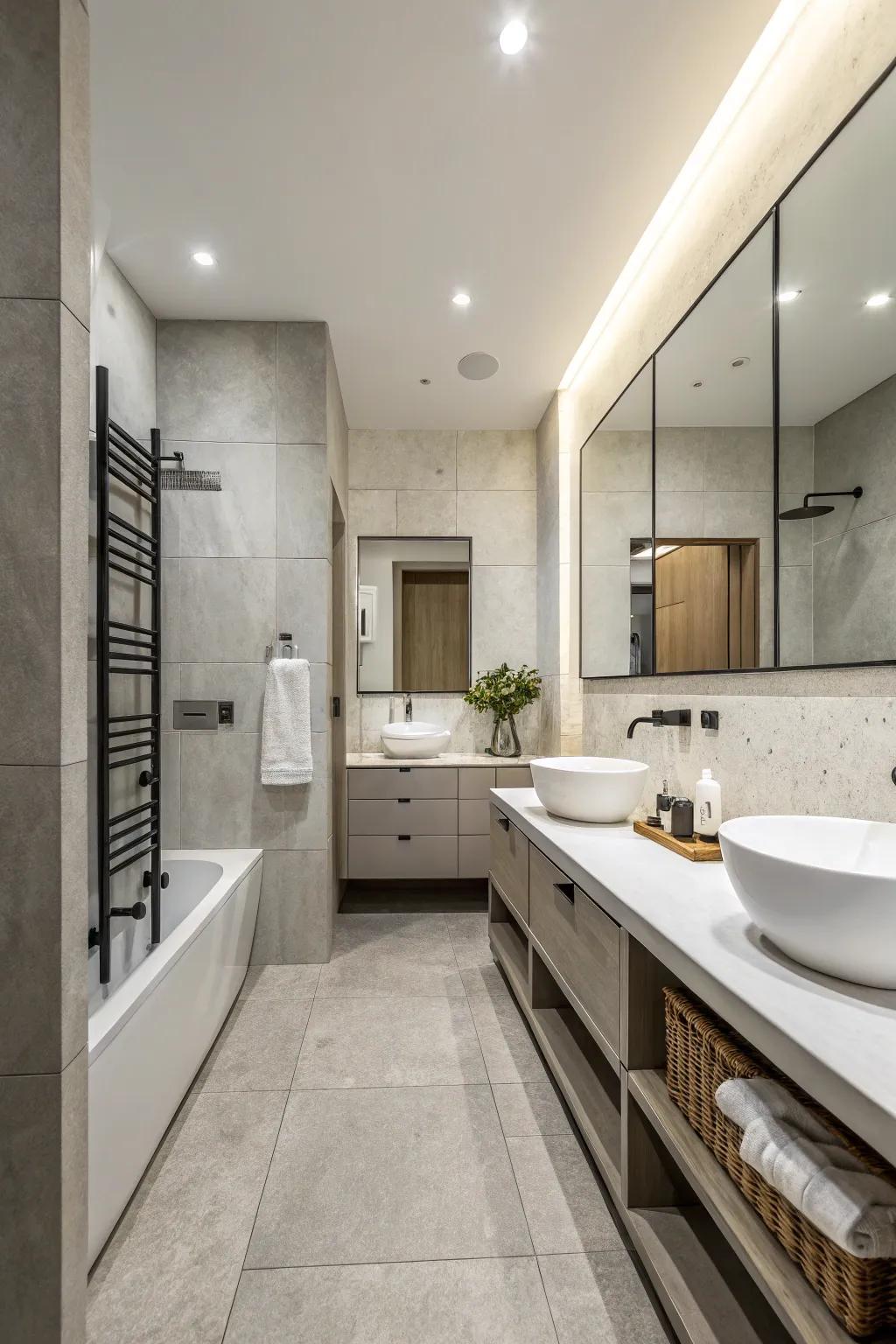 A modern bathroom highlighted by a tranquil neutral color selection.