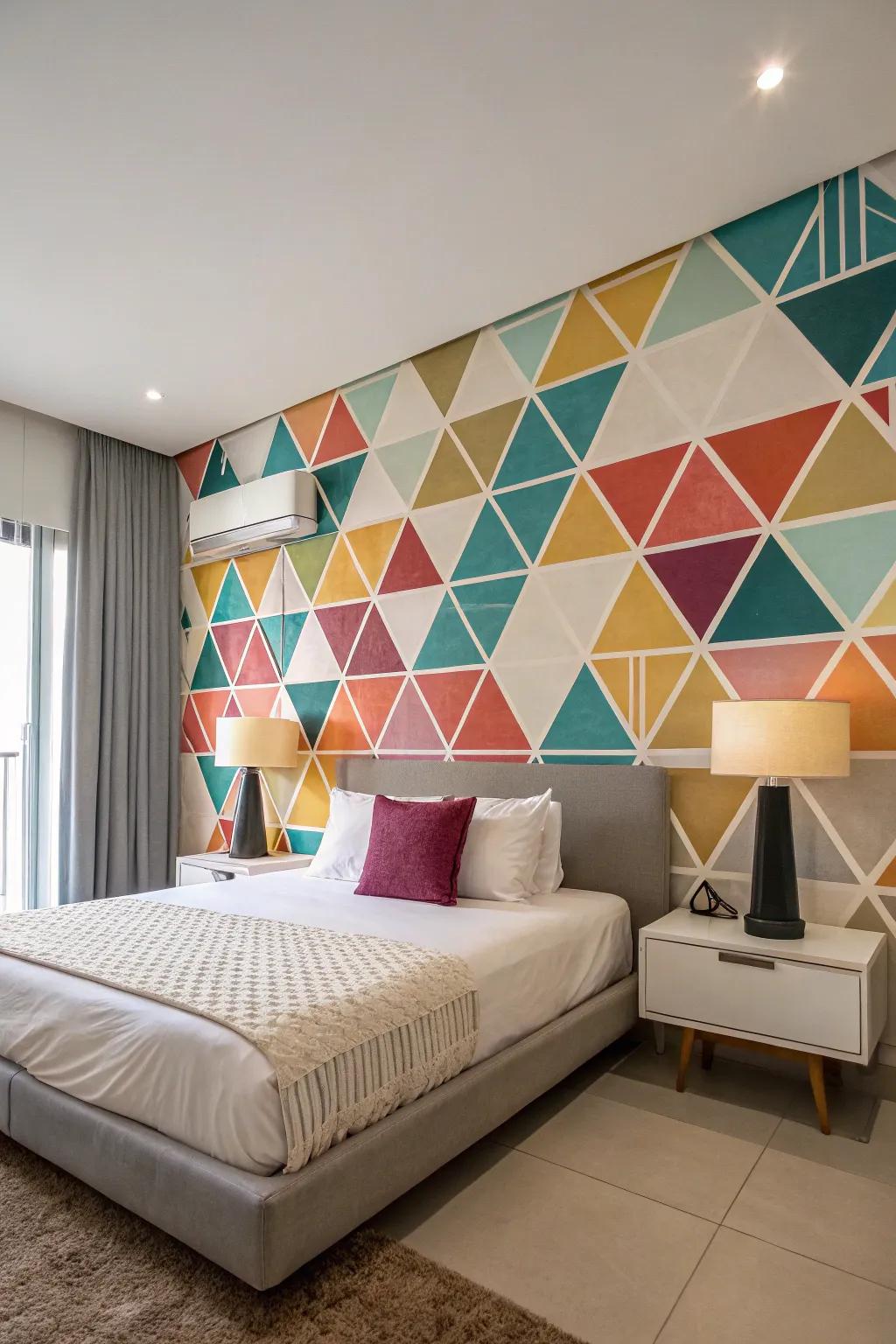 Geometric patterns introduce an energetic and artistic mood to your bedroom.