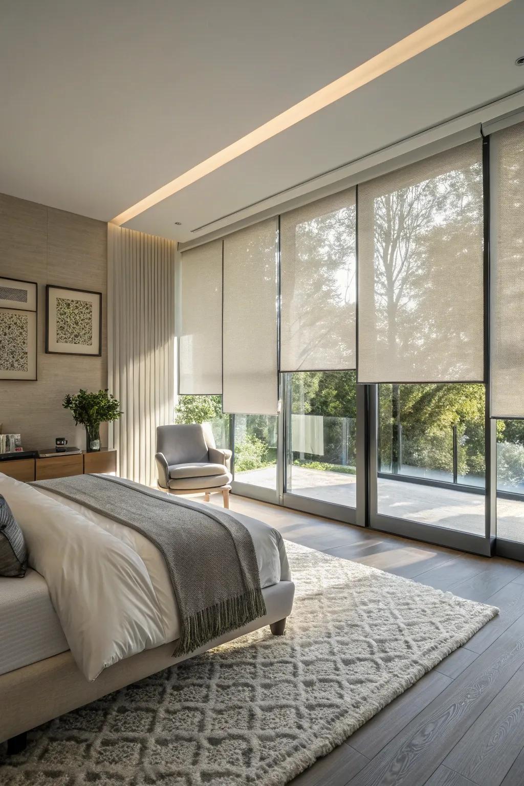 Sleek roller blinds in a modern bedroom