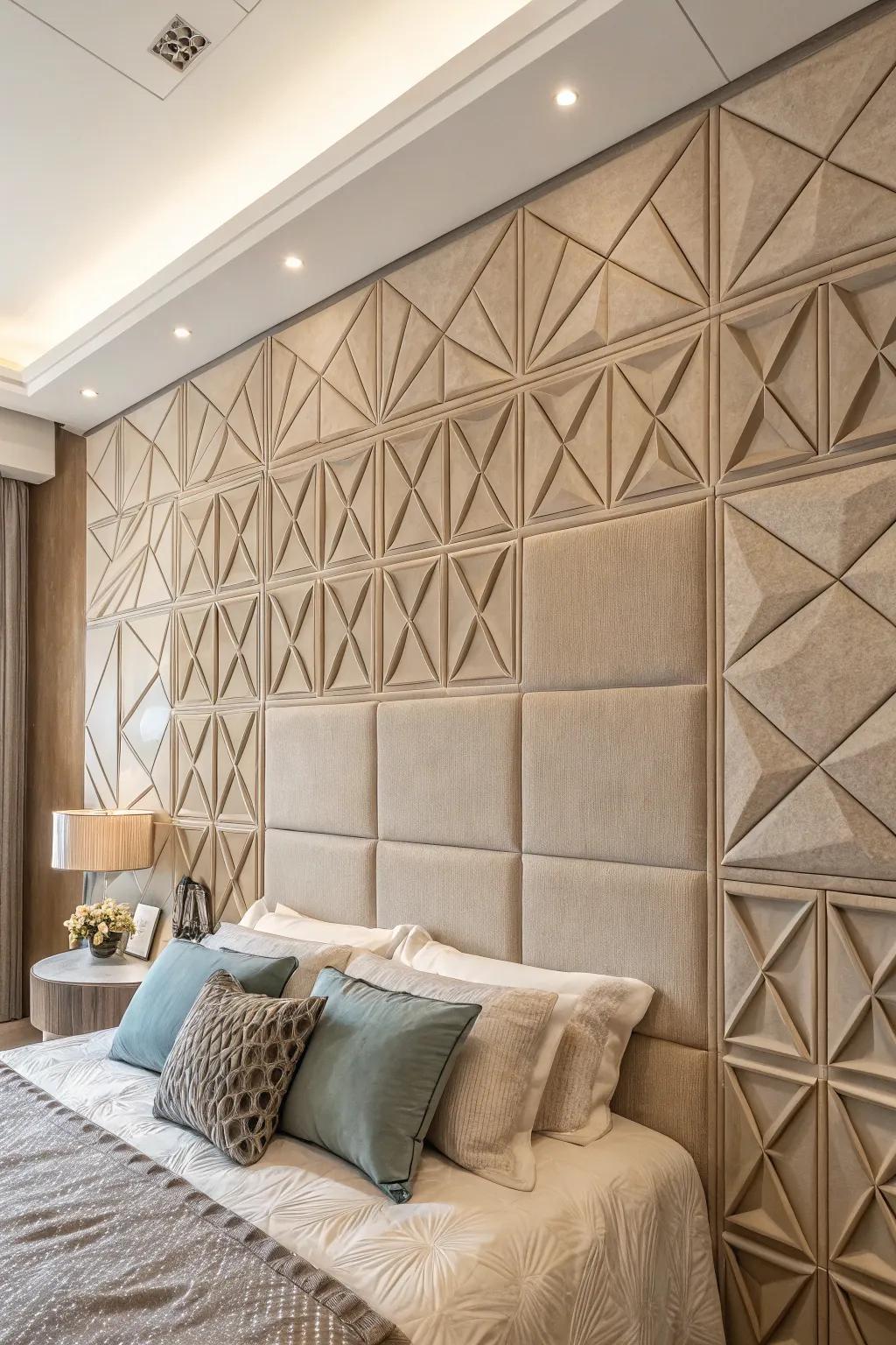 Geometric textured facets provide depth and a modern feel to this bedroom accent wall.