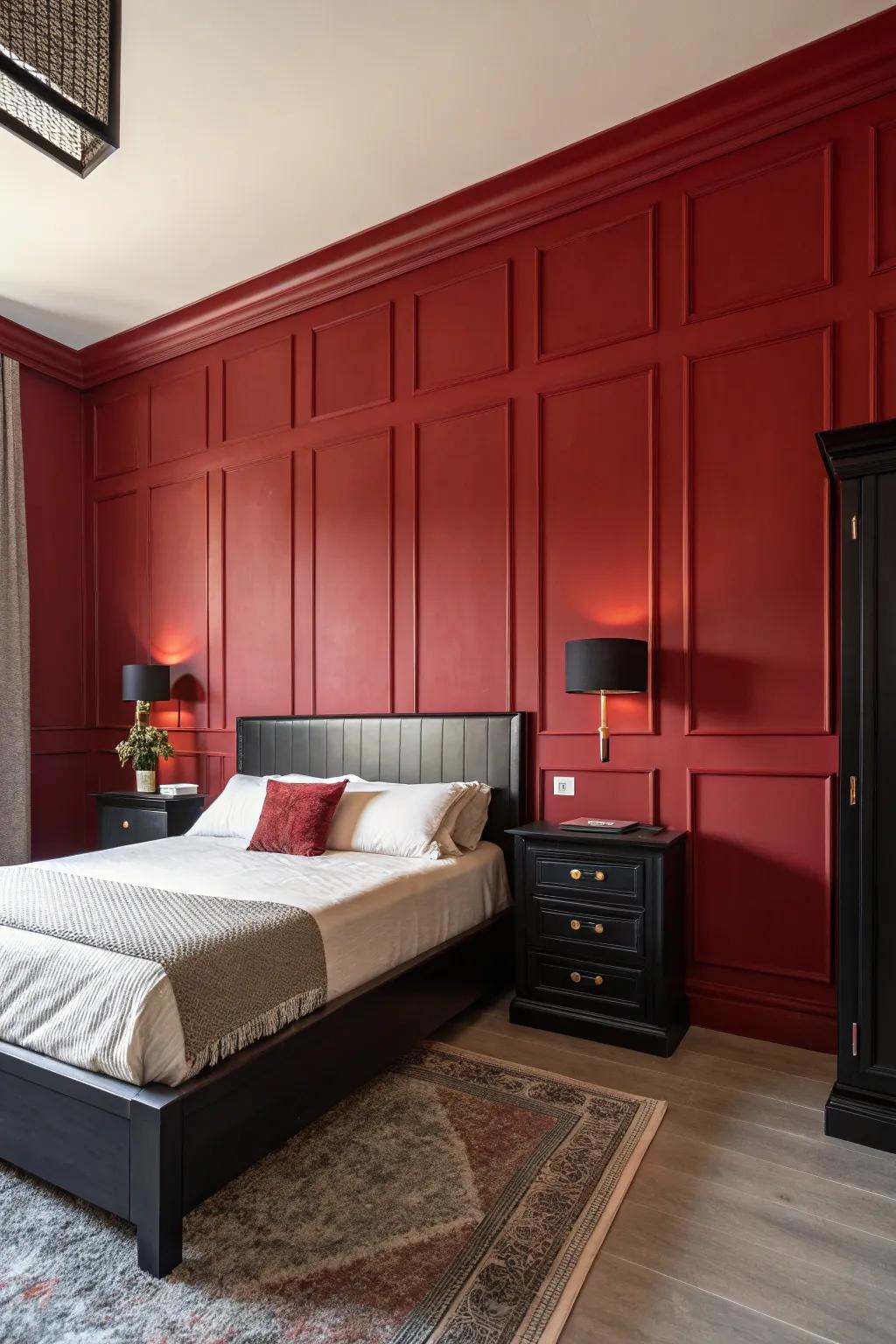 A dramatic rich red feature wall makes a bold statement in a contemporary bedroom.
