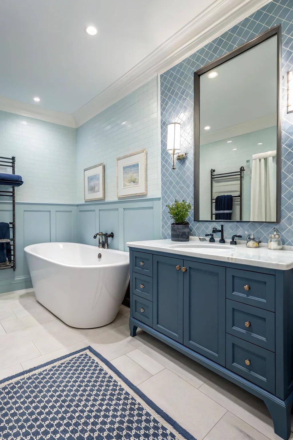 A seamless fusion of sky azure and navy establishes a timeless bathroom ambiance.