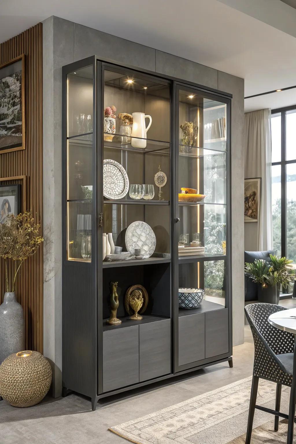 An eye-catching asymmetrical china cabinet display.
