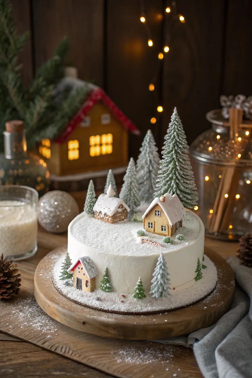 A yuletide cake featuring a tiny winter setting