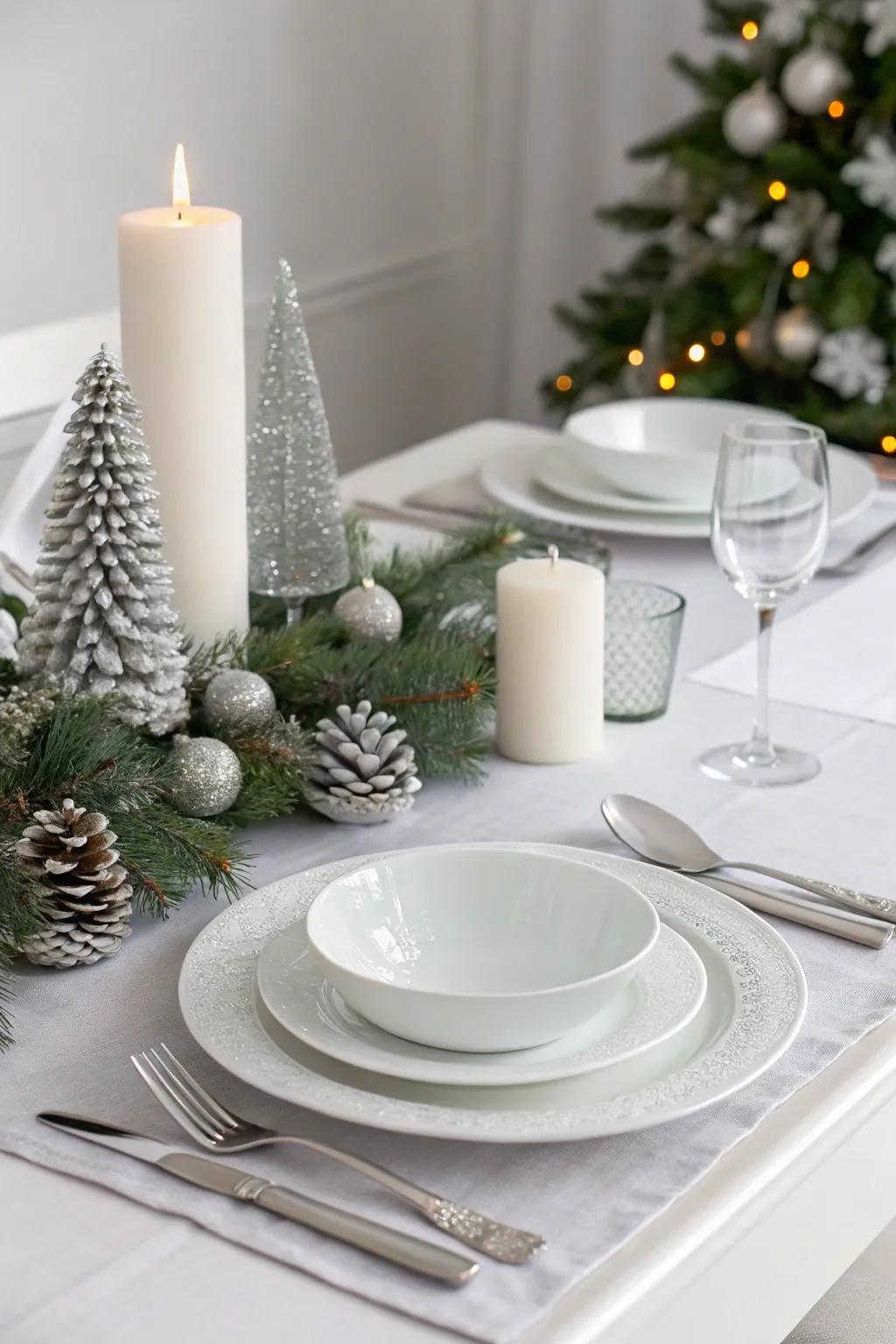 A minimalist Christmas table arrangement displaying white and silver refinement.