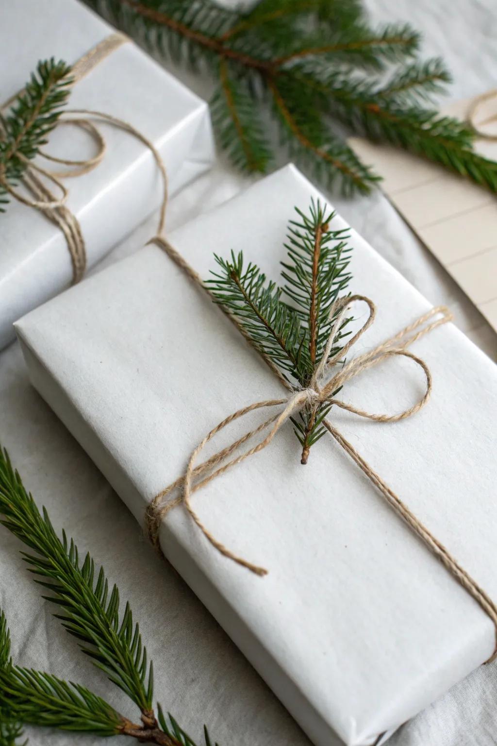 A minimalist Christmas gift wrapped in simple white paper, highlighted with twine and a green accent.