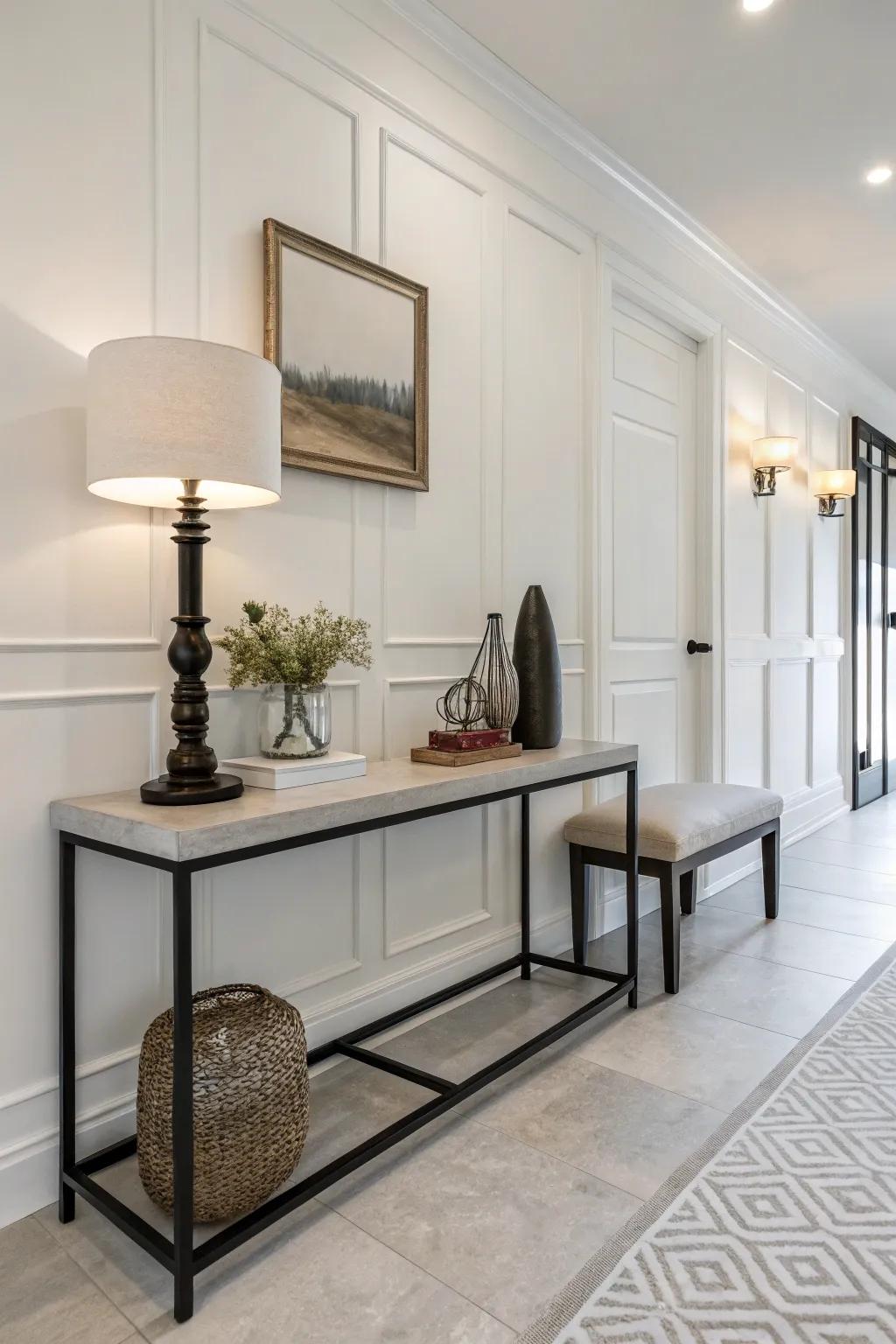 A minimalist entryway showcasing streamlined furniture and a pristine design.