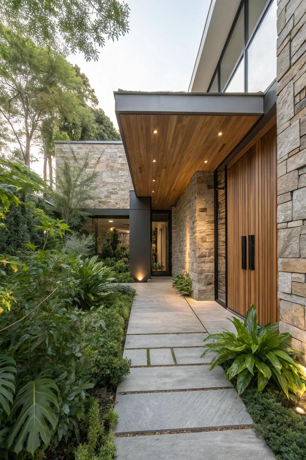 Natural materials like stone and wood evoke a warm, harmonious entrance space.