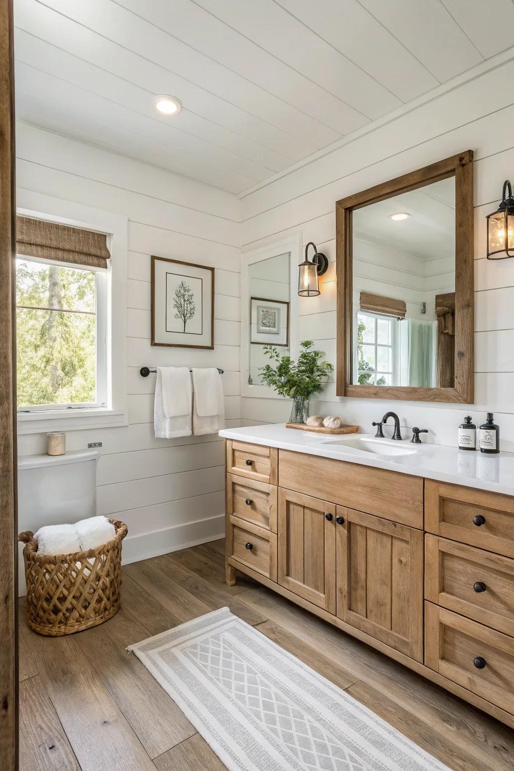 Soft shades craft a serene setting in this farmhouse-inspired bathroom.
