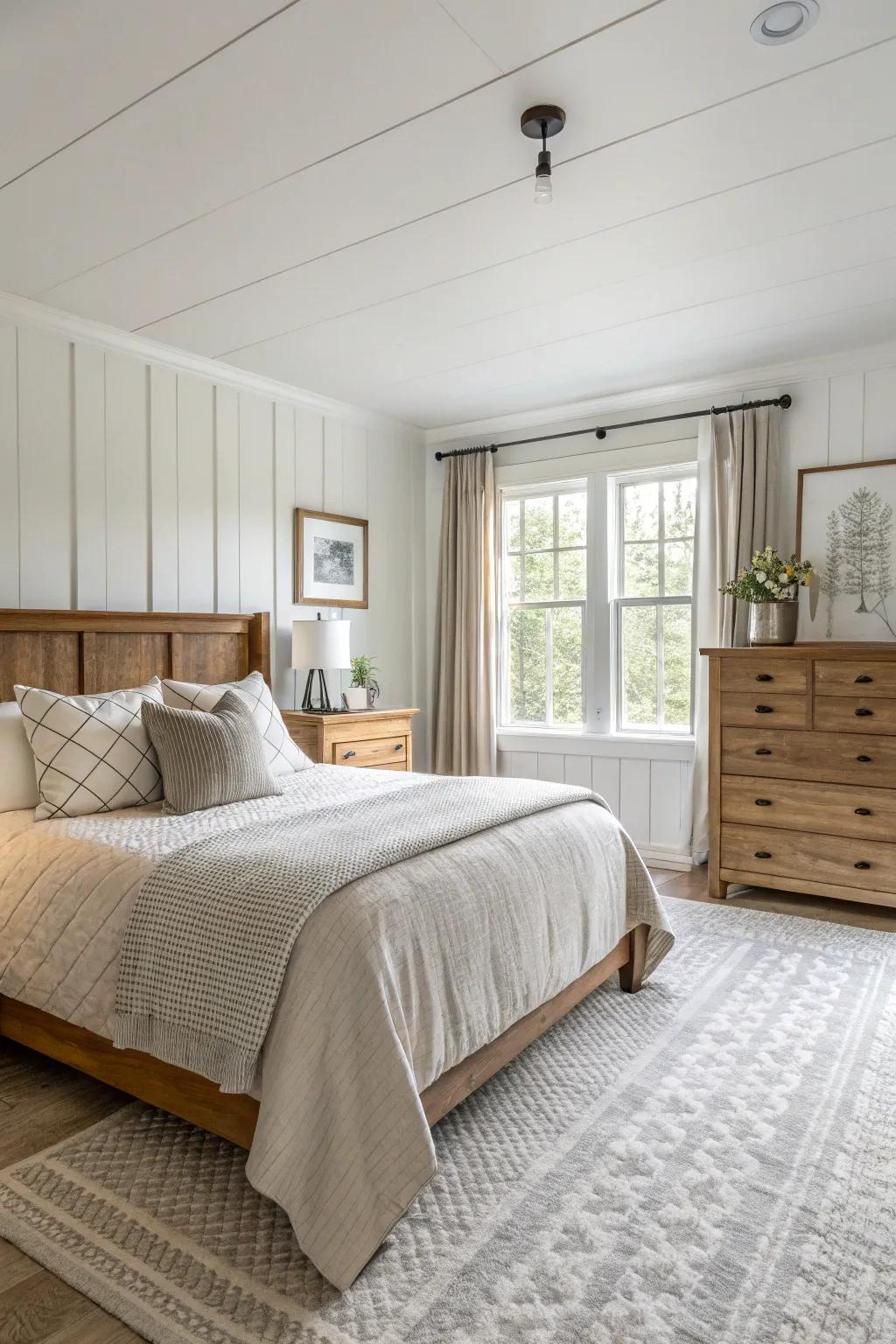Neutral shades offer a peaceful and calm vibe in this farmhouse bedroom.