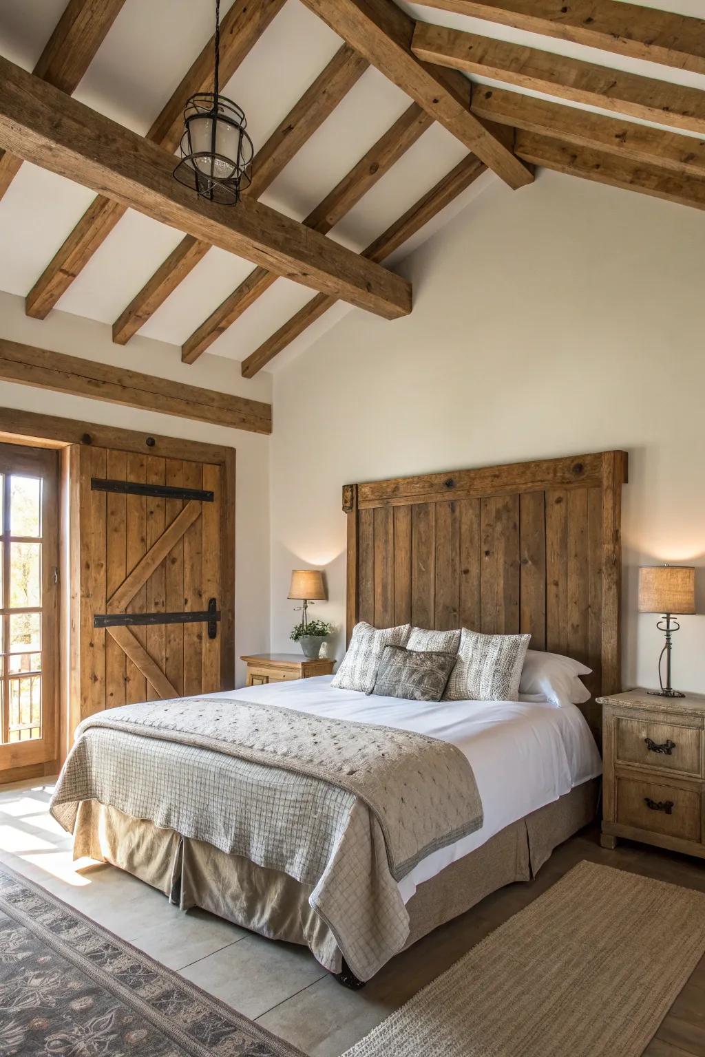 Natural elements such as wood imbue a modern farmhouse bedroom with warmth and authenticity.