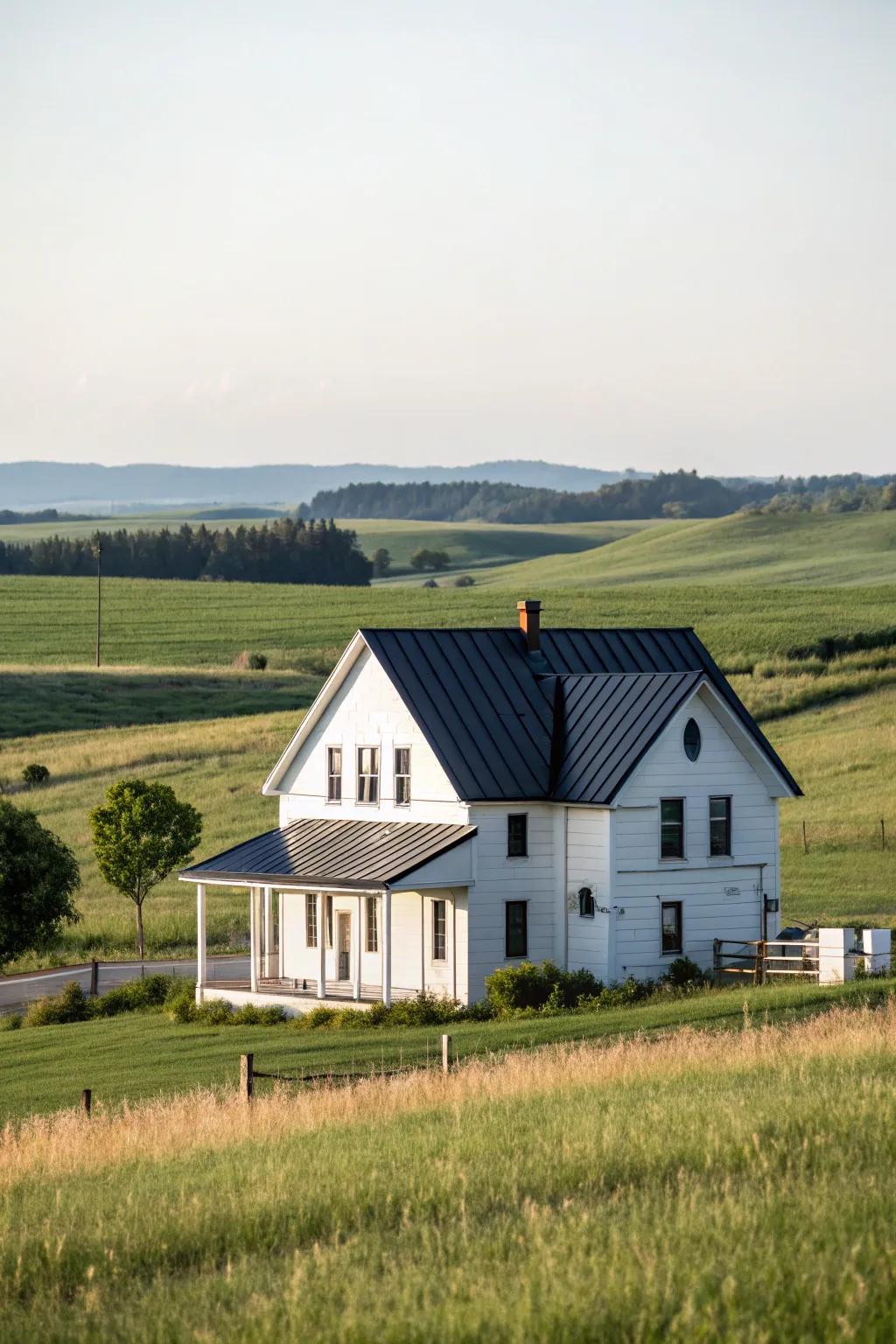 Striking balance: A pure farmhouse meets a sophisticated noir shield roof.