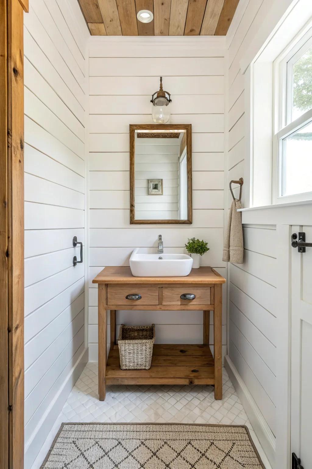 A powder room featuring white shiplap walls and warm wooden accents.