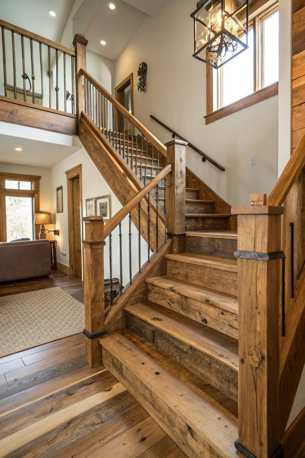 A staircase showcasing repurposed timber steps and timber railings, embodying homespun charm.