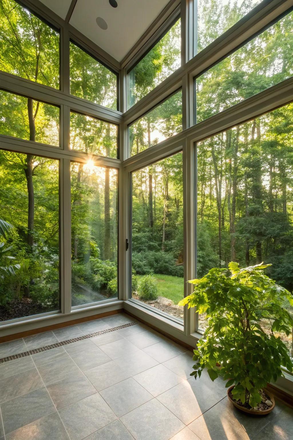 Sunlight pours into a modern sunroom, fashioning an environment of warmth and welcome.