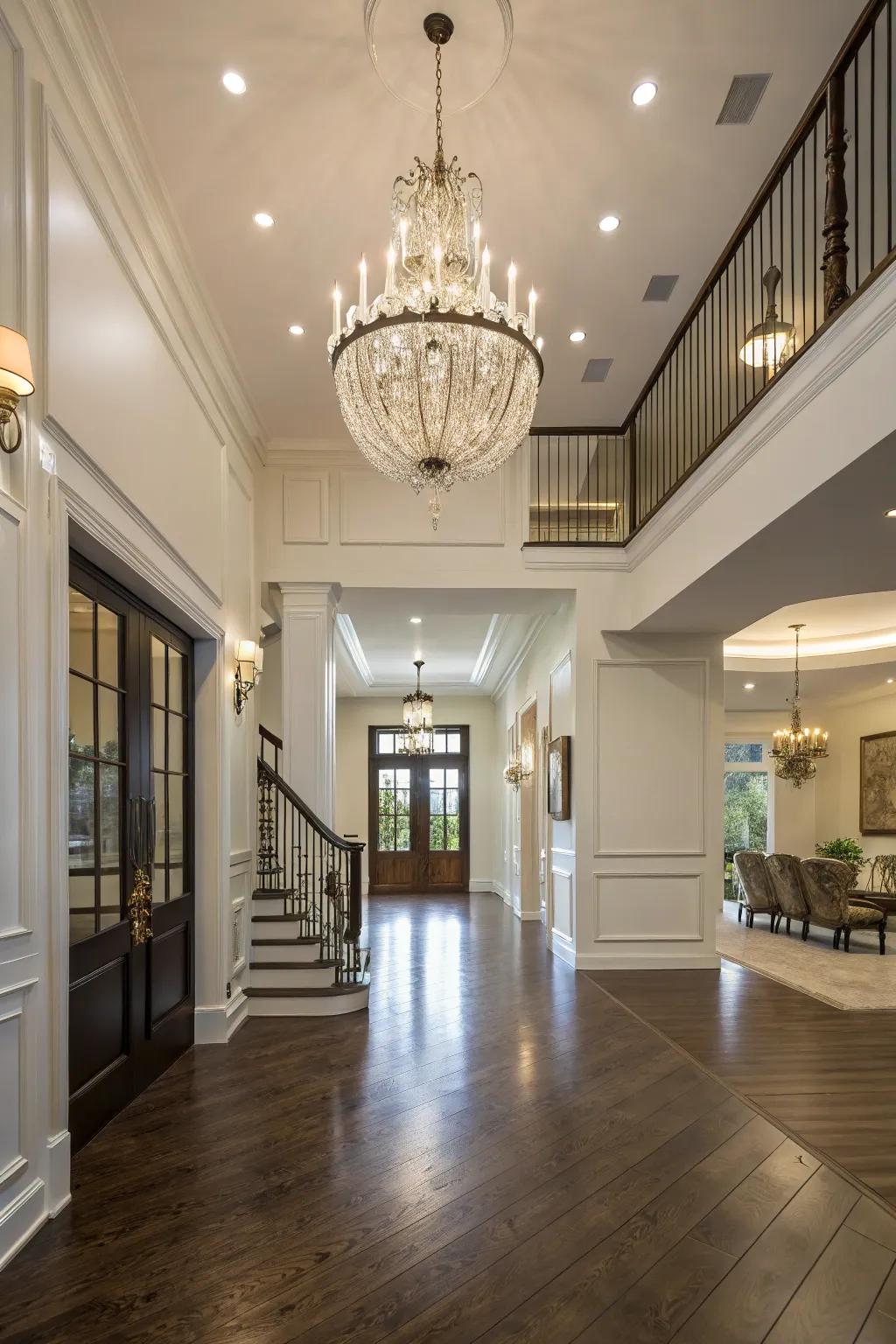A graceful chandelier elevates the sophistication of this updated entryway.