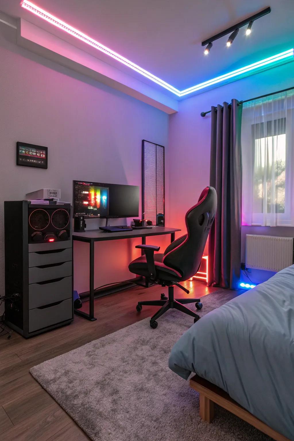 A bedroom bathed in the glow of dynamic illuminating strip lighting, enhancing the gaming mood.