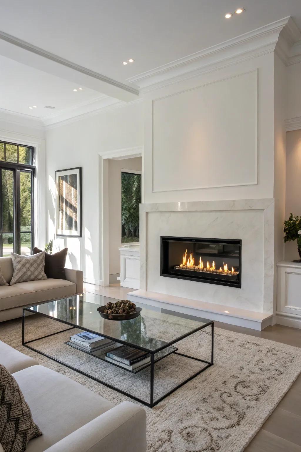 A wall-integrated gas fireplace in a minimalist setting.