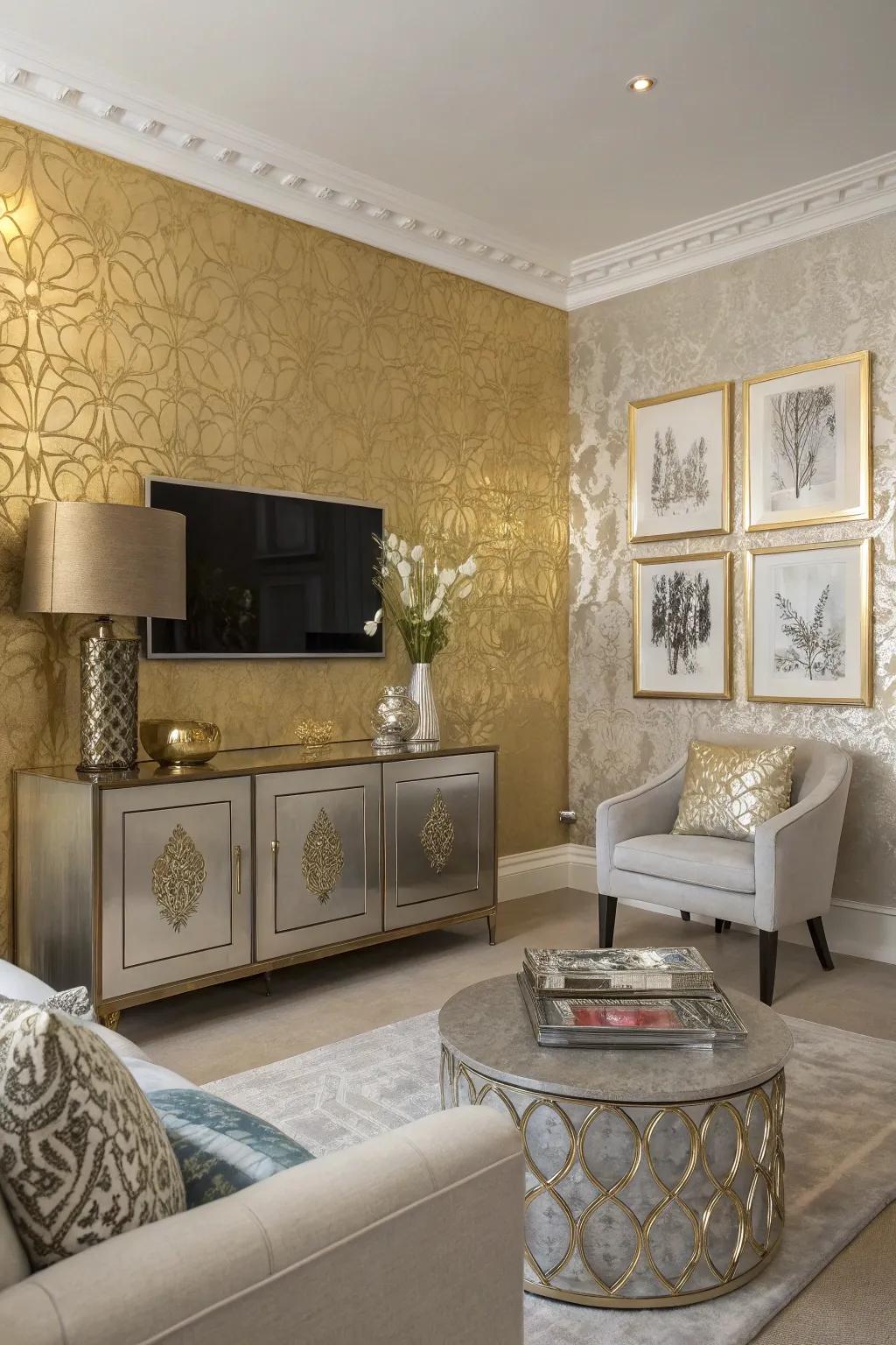 An impressive gold accent wall serves as a backdrop for a chic living area.