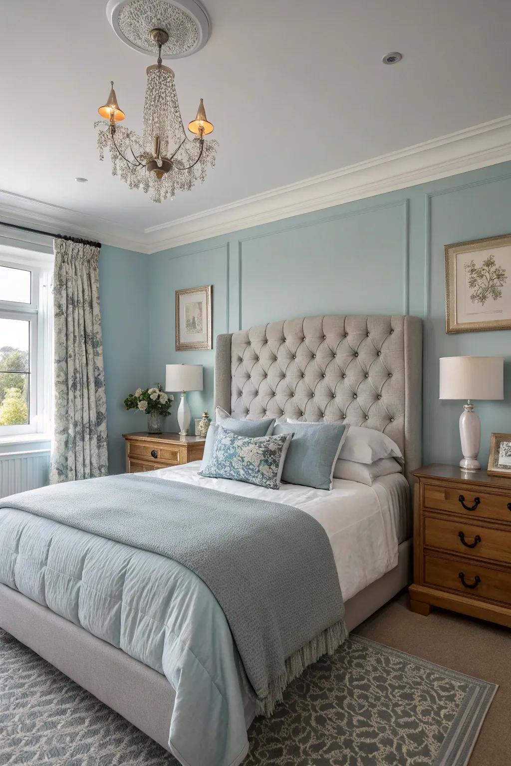 A peaceful bedroom featuring gentle blue walls and pewter accents, creating an ideal retreat.
