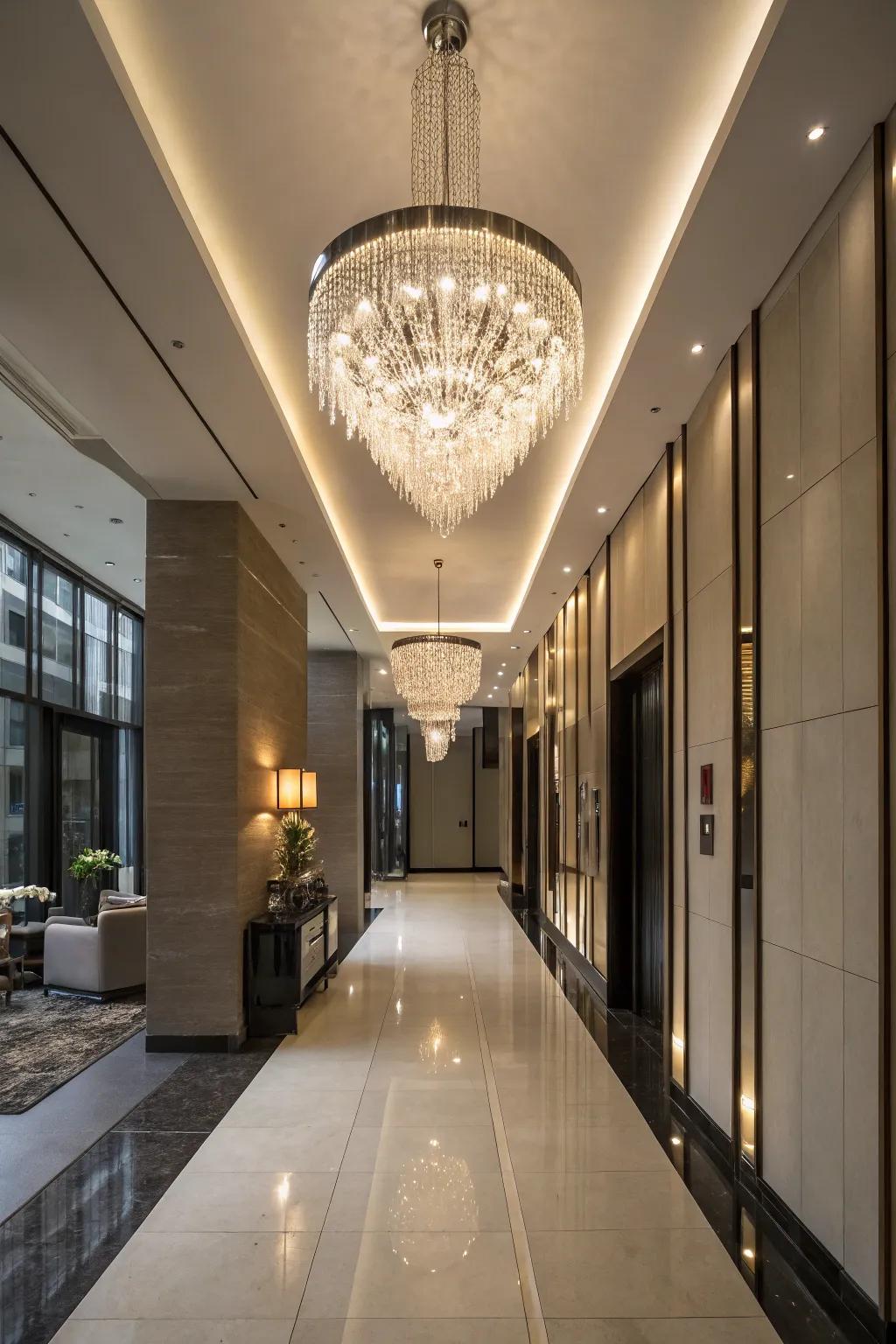 A statement chandelier introduces luxury and theatrical flair to any hallway.