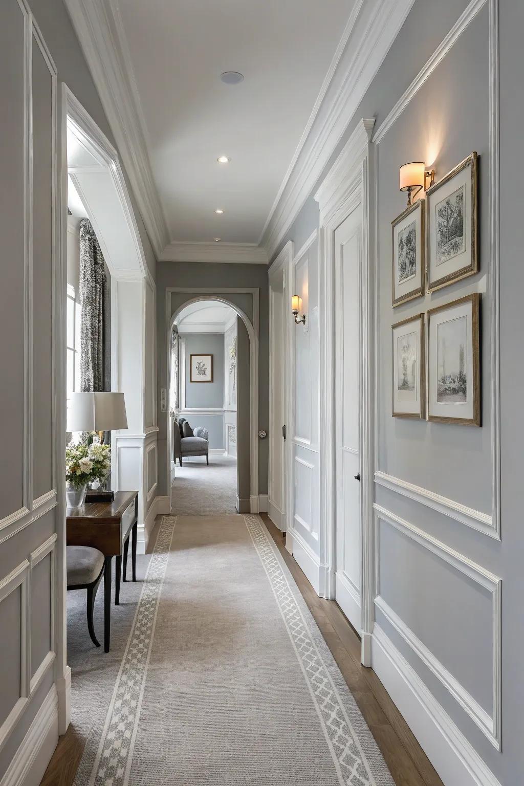 A hallway painted in soft gray achieves an ageless and adaptable charm.