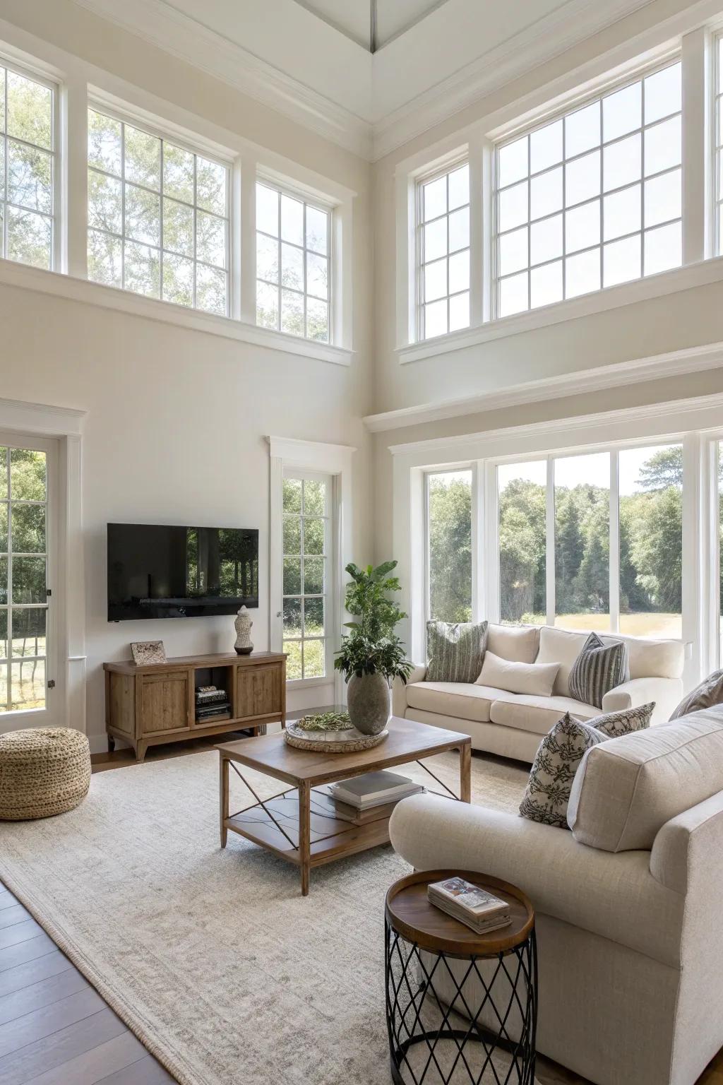 An open-plan living space emphasizing spaciousness and natural lighting.