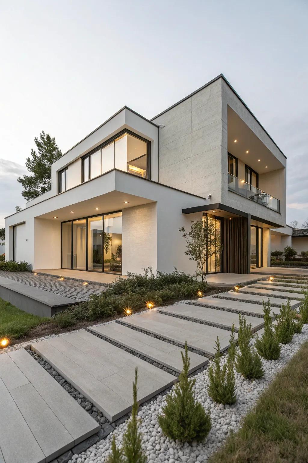 A modern, minimalist home exterior featuring crisp lines and basic geometric forms.