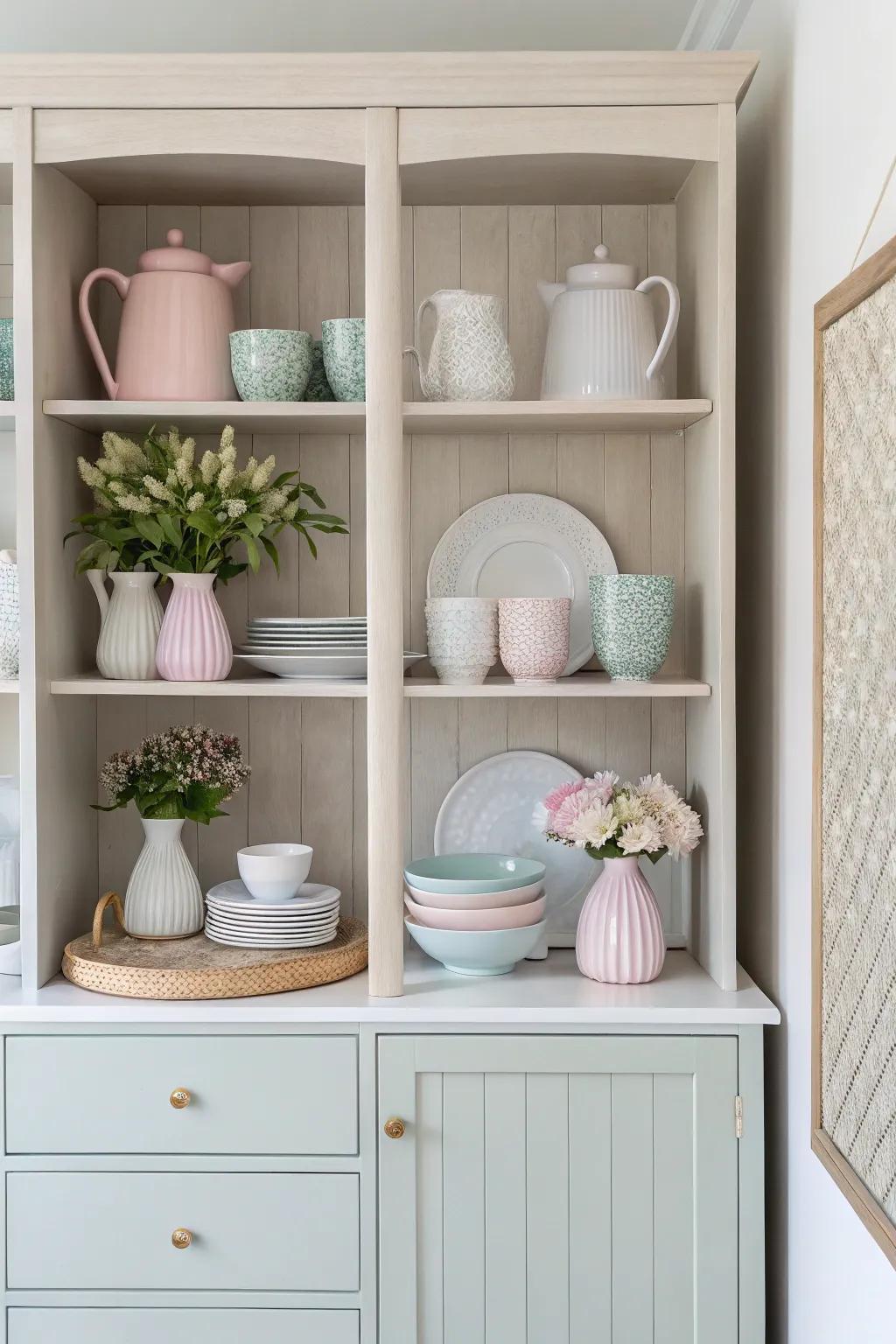 A serene and stylish display cabinet featuring neutral and pastel shades.