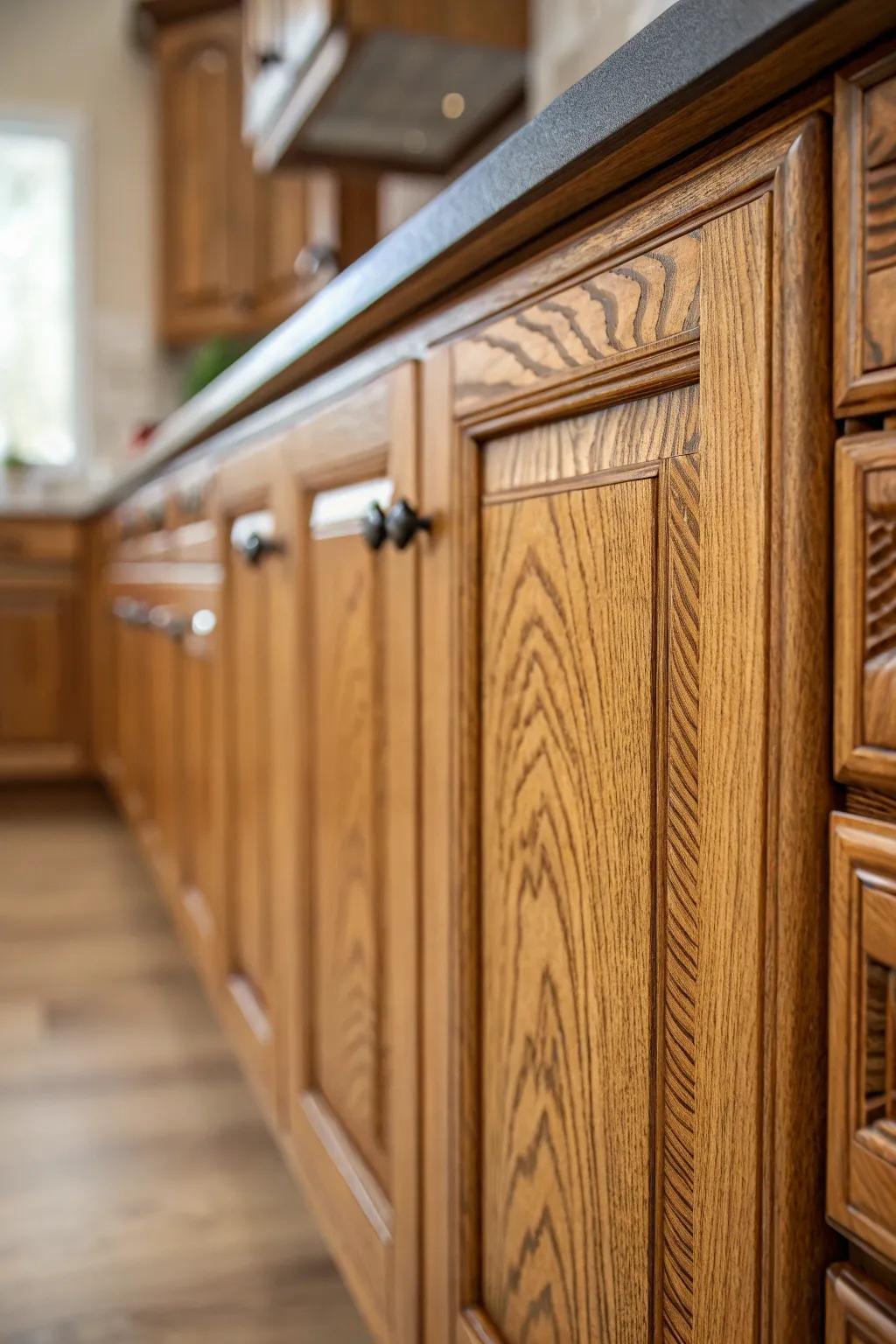 The raw texture of paneled-oak cabinets enlivens any kitchen, adding character.