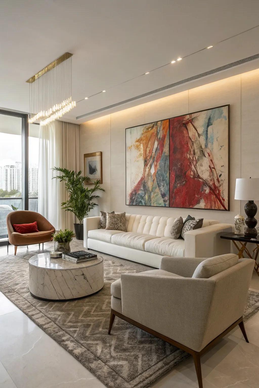 An expansive abstract artwork stands as a vivid centerpiece in a modern living space.