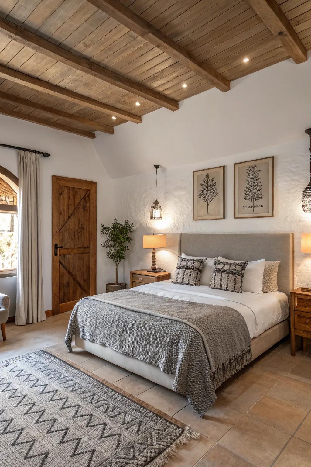 A peaceful primary suite featuring a calming neutral color scheme.