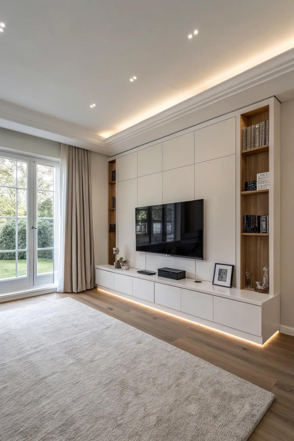 A minimalist floating media wall evokes an environment that is open and current.