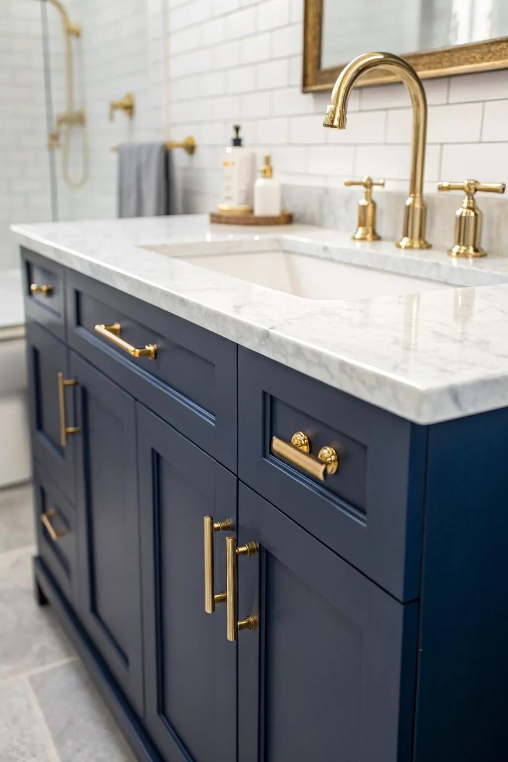 A deep sea vanity paired with gilded fixtures creates an appealing contrast.